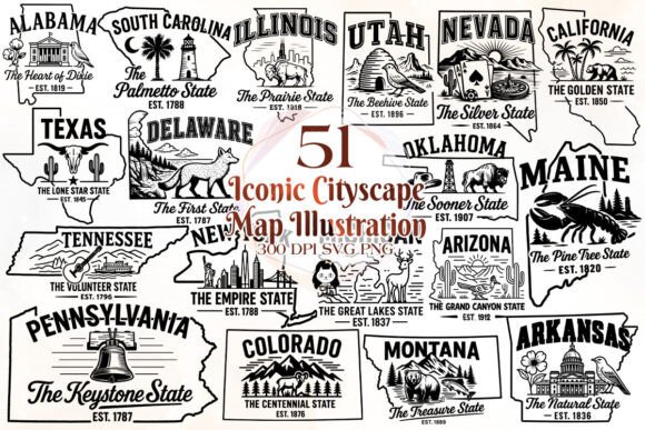 Iconic Cityscape Map of US.States SVG Graphic by Cat Lady · Creative ...