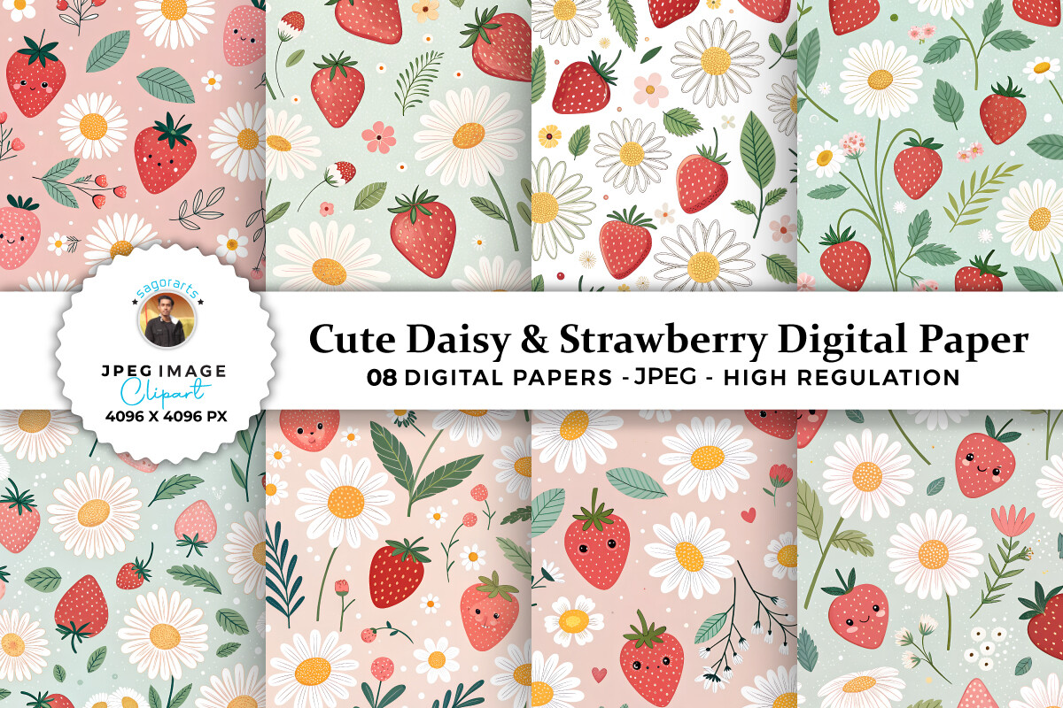 Cute Daisy & Strawberry Digital Papers Graphic by sagorarts · Creative ...
