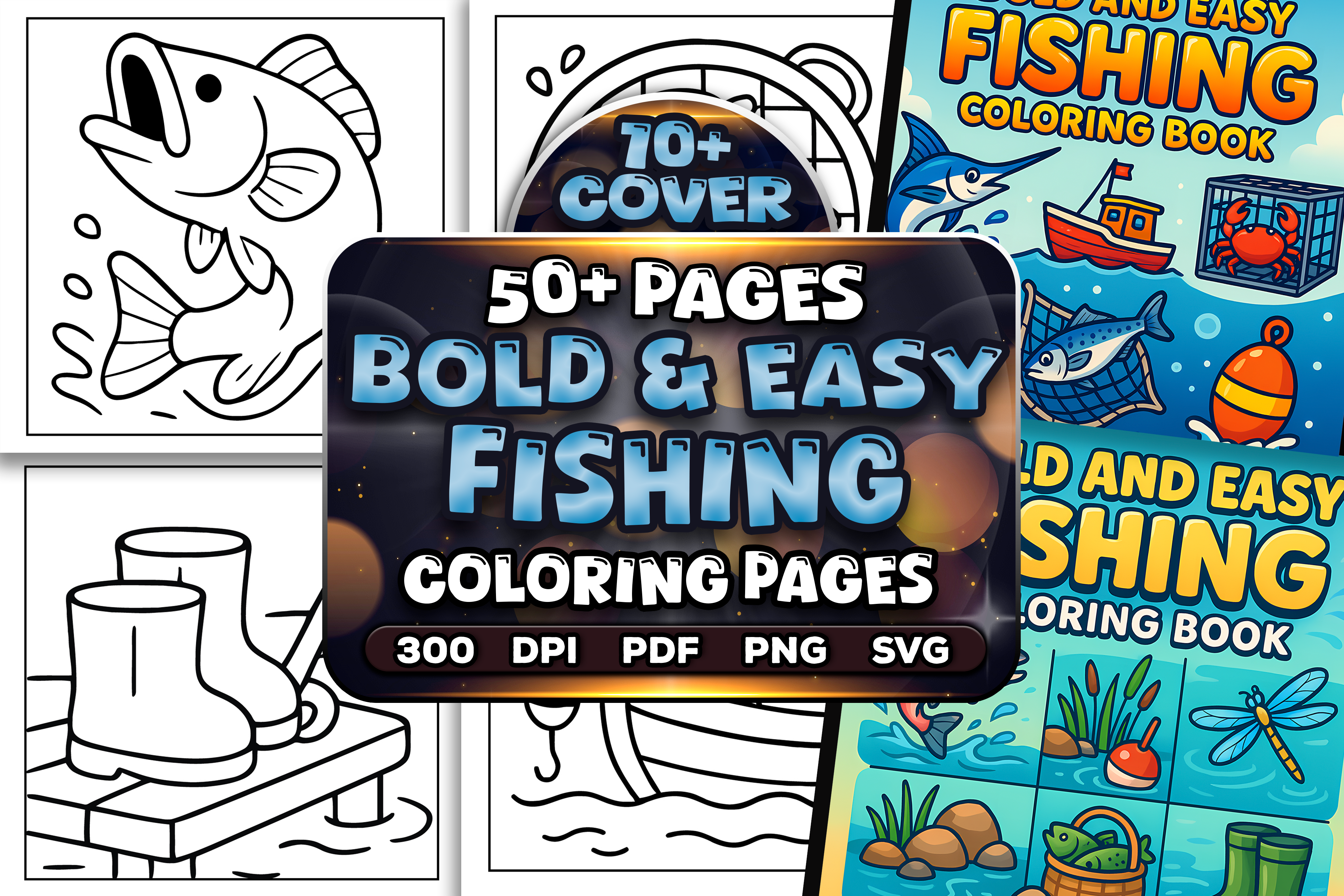 Bold Easy Fishing Coloring Pages Bundle