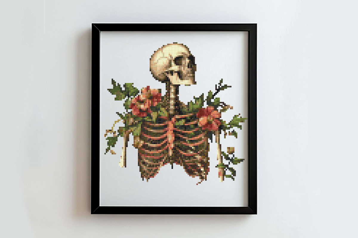 Floral Skeleton Cross Stitch Pattern