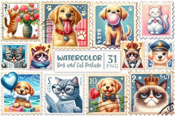 Funny Dog and Cat Postage Stamps Clipart Graphic Illustrations By WatercolorArtist