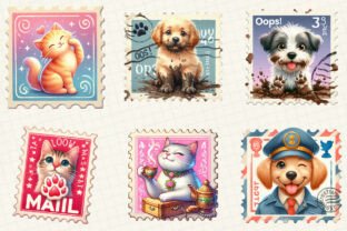 Funny Dog and Cat Postage Stamps Clipart Graphic by WatercolorArtist ...