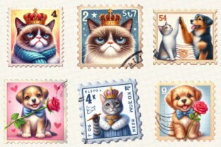 Funny Dog and Cat Postage Stamps Clipart Graphic by WatercolorArtist ...