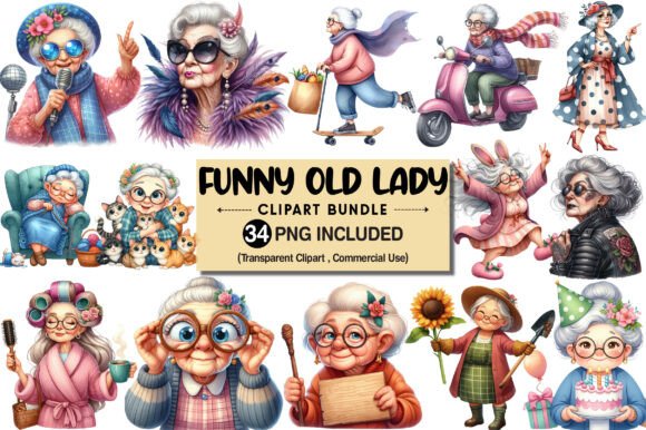 Funny Old Lady Clipart Set Graphic by Pixels.Craft · Creative Fabrica