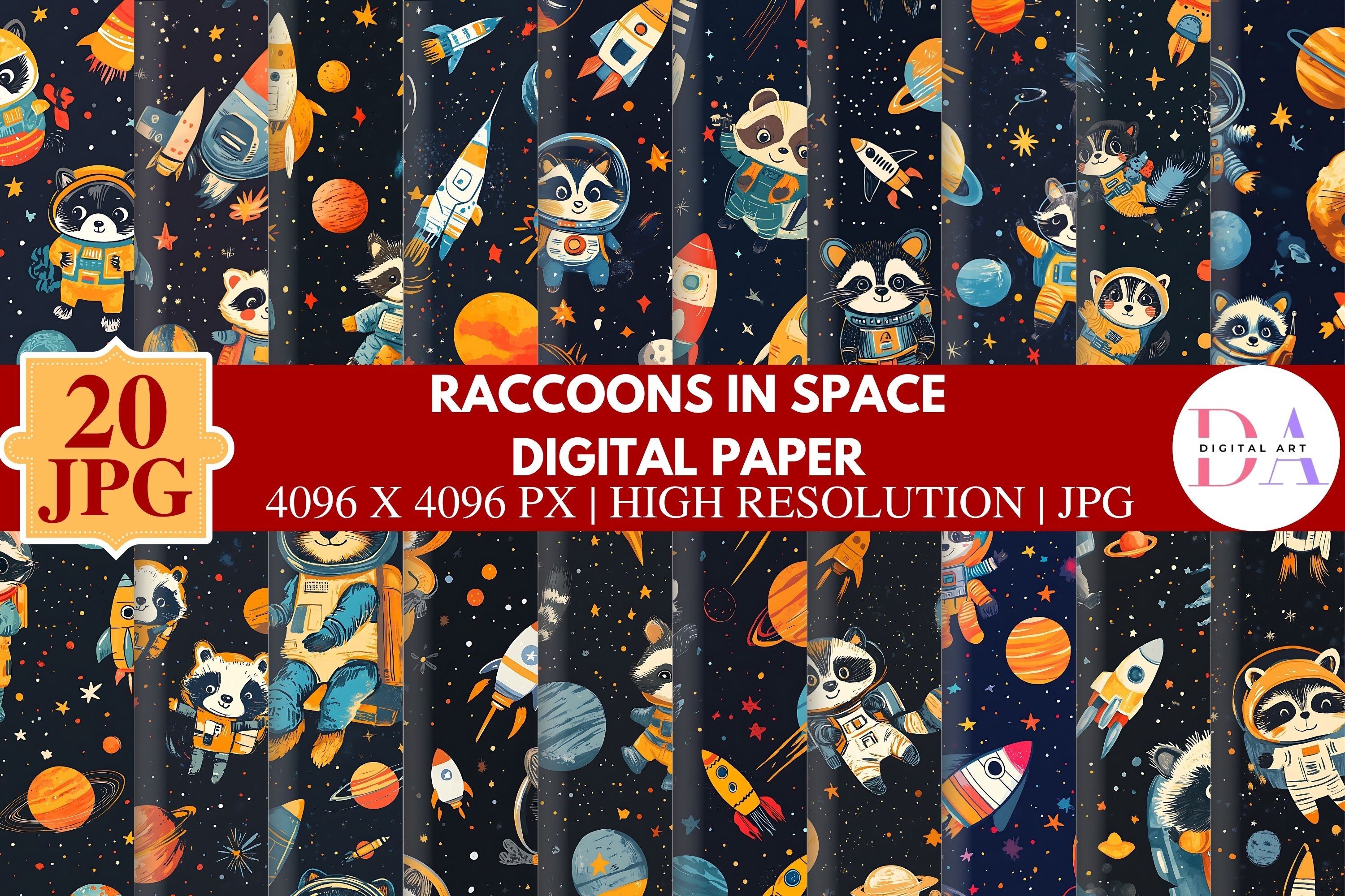 Raccoons in Space Digital Paper Graphic by DIGITAL ART · Creative Fabrica