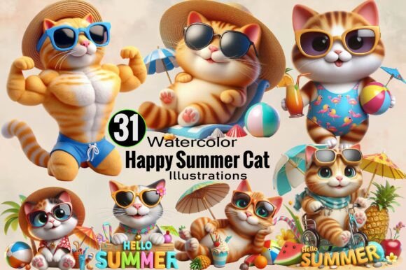 Watercolor Happy Summer Cat Clipart Graphic by SVGArt · Creative Fabrica