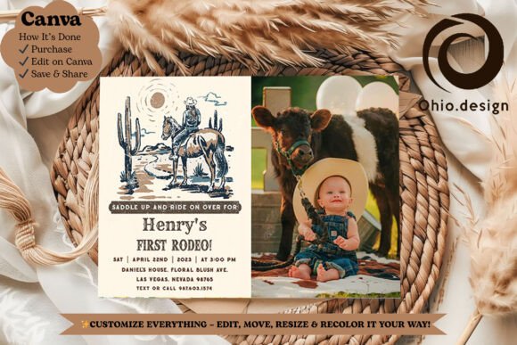 Cowboy First Rodeo Photo Invite Canva