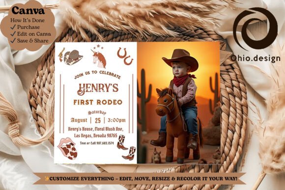 First Rodeo Cowboy Birthday Photo Invite
