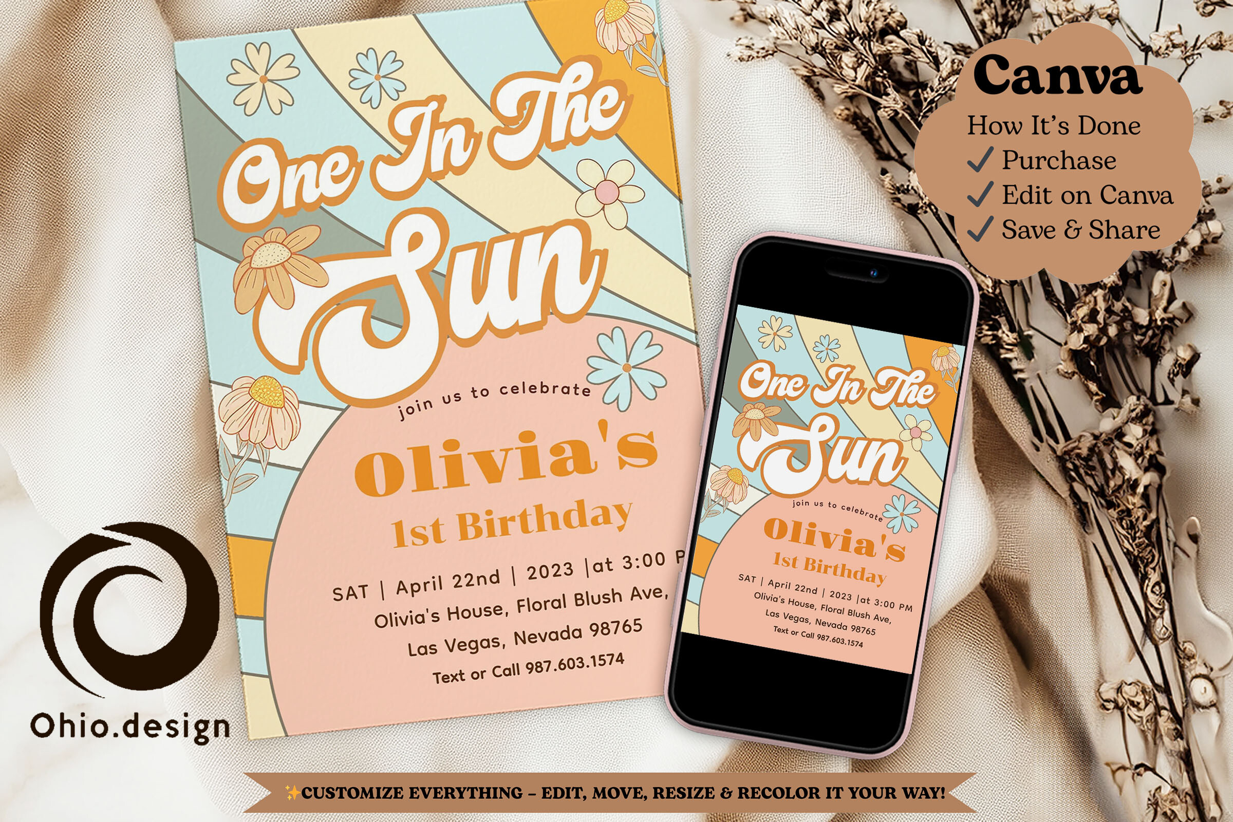 In the Sun Rainbow 1st Birthday Invite