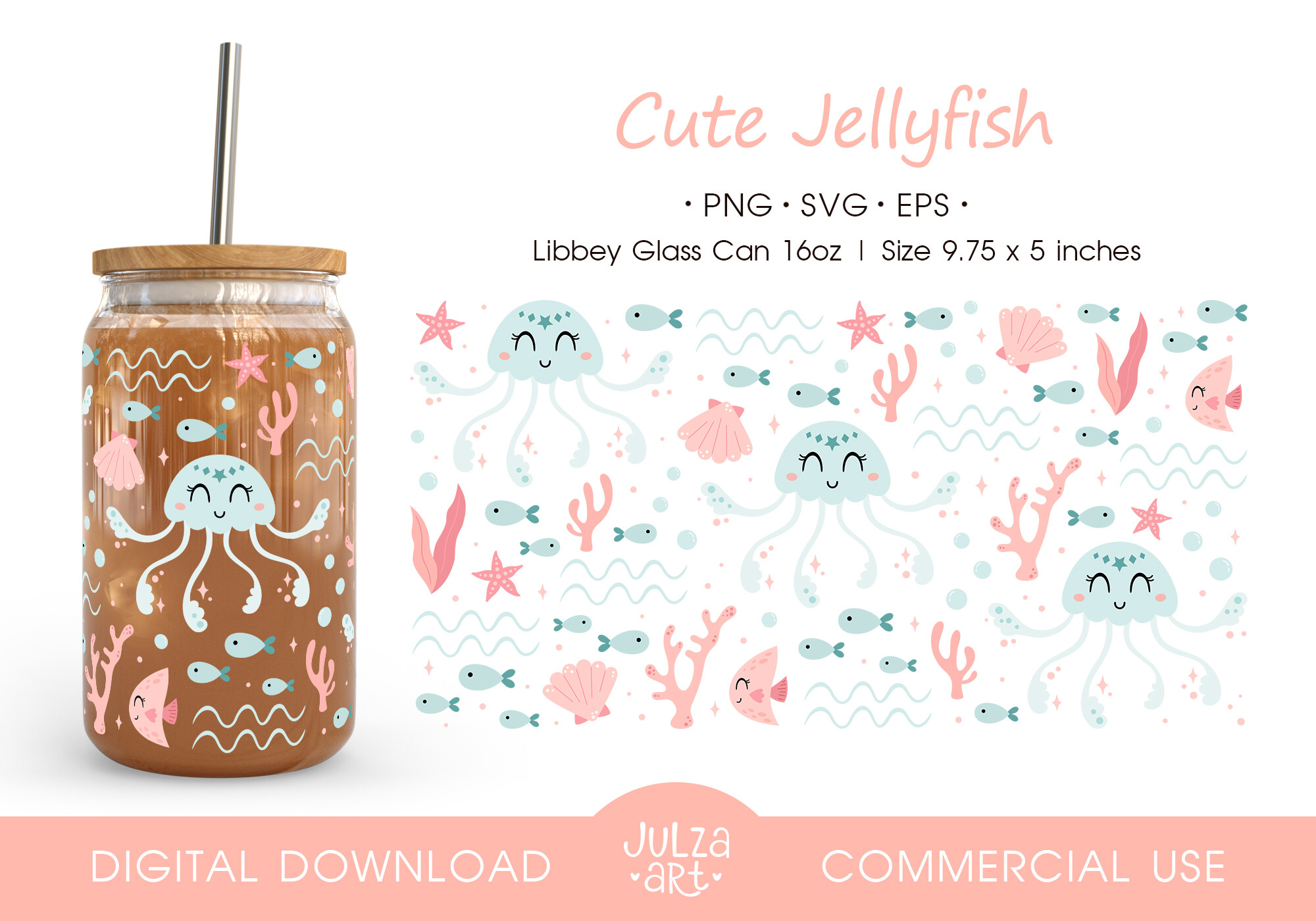 Jellyfish 16oz Glass Can Wrap PNG SVG Graphic by JulzaArt · Creative ...