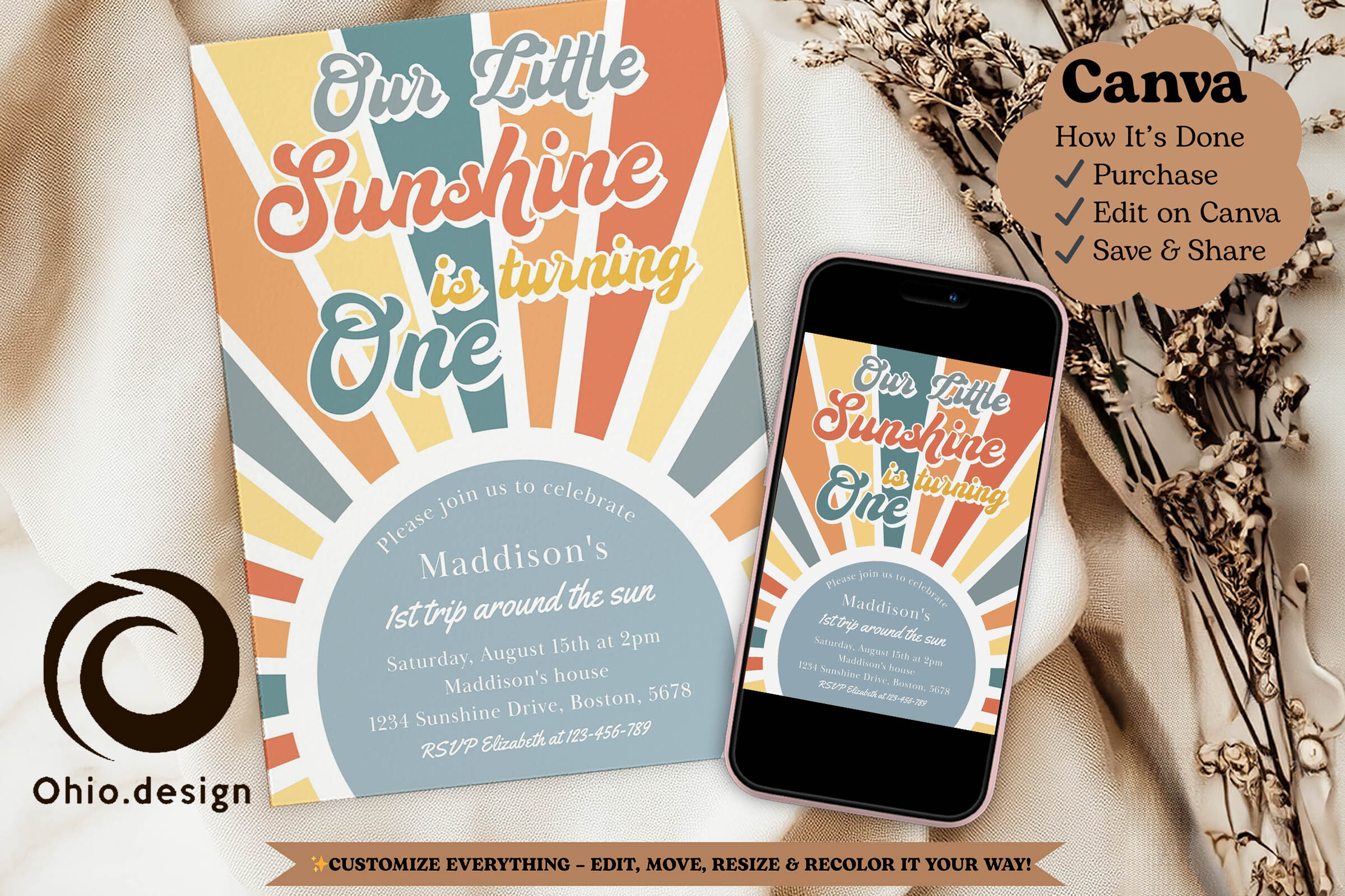Sunshine's First Birthday Invite Canva