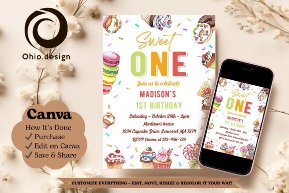 Sweet Candy 1st Birthday Invite Canva