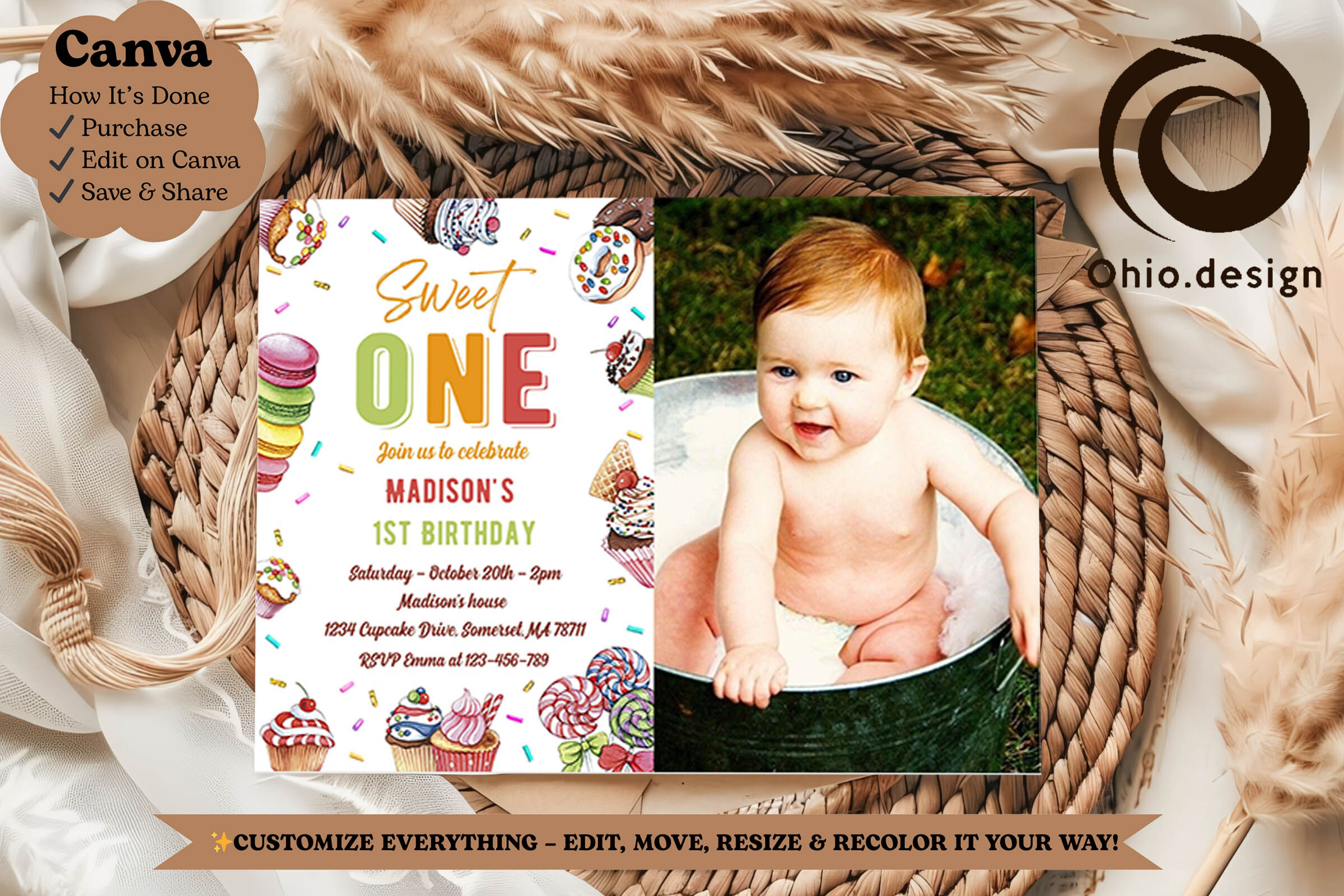 Sweet Candy 1st Birthday Photo Invite