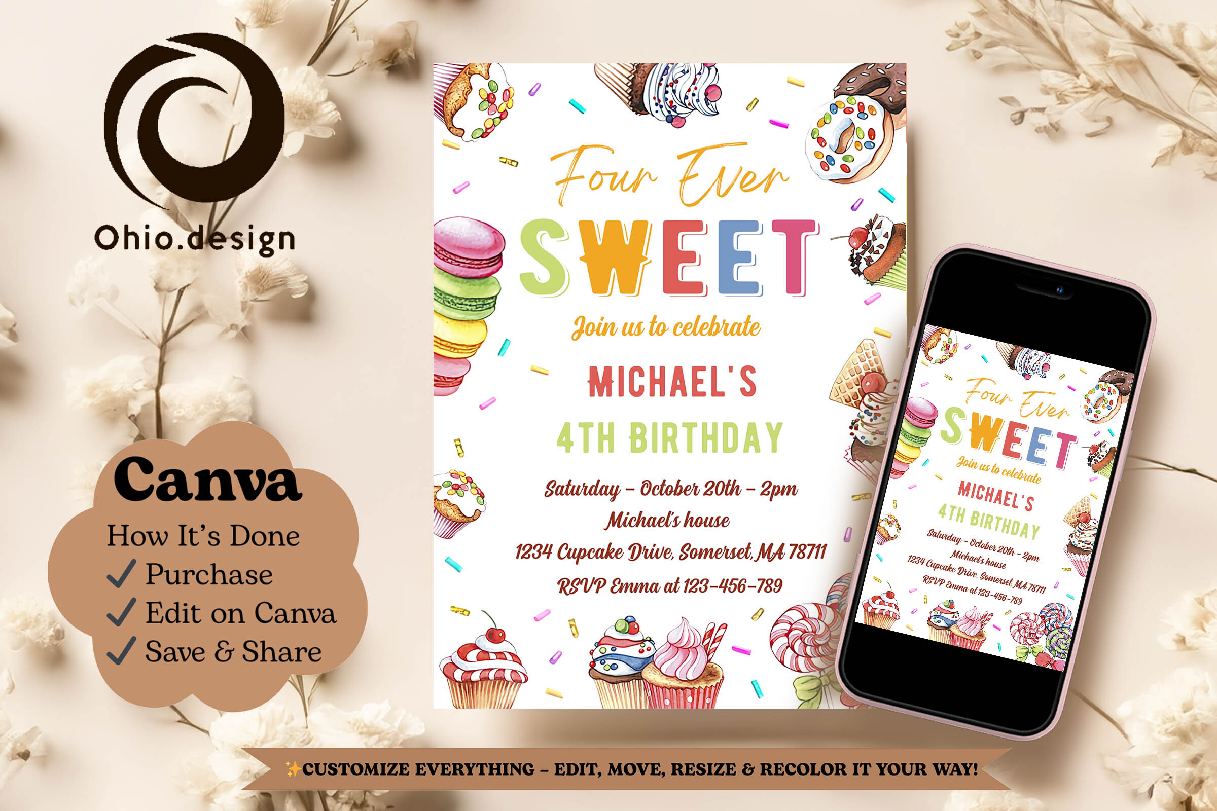 Sweet Candy 4th Birthday Invite Canva