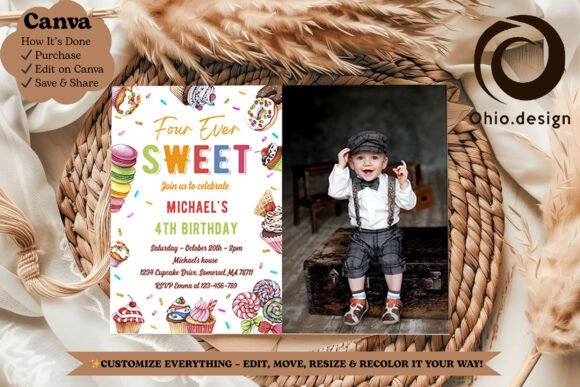 Sweet Candy 4th Birthday Photo Invite