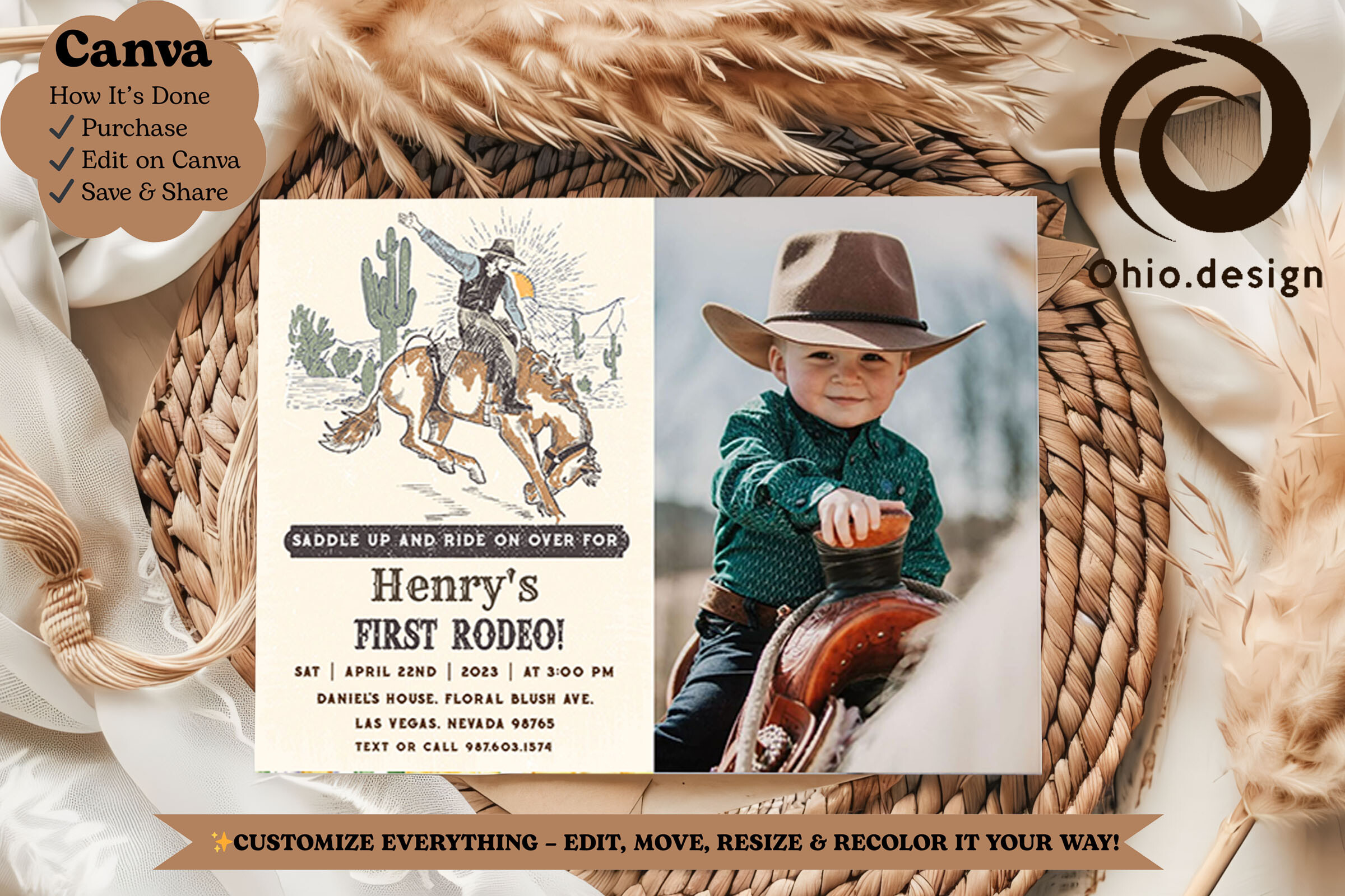 Western Cowboy 1st Photo Invite Canva