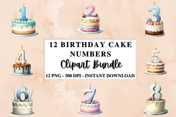 12 Birthday Cake Numbers Clipart Bundle