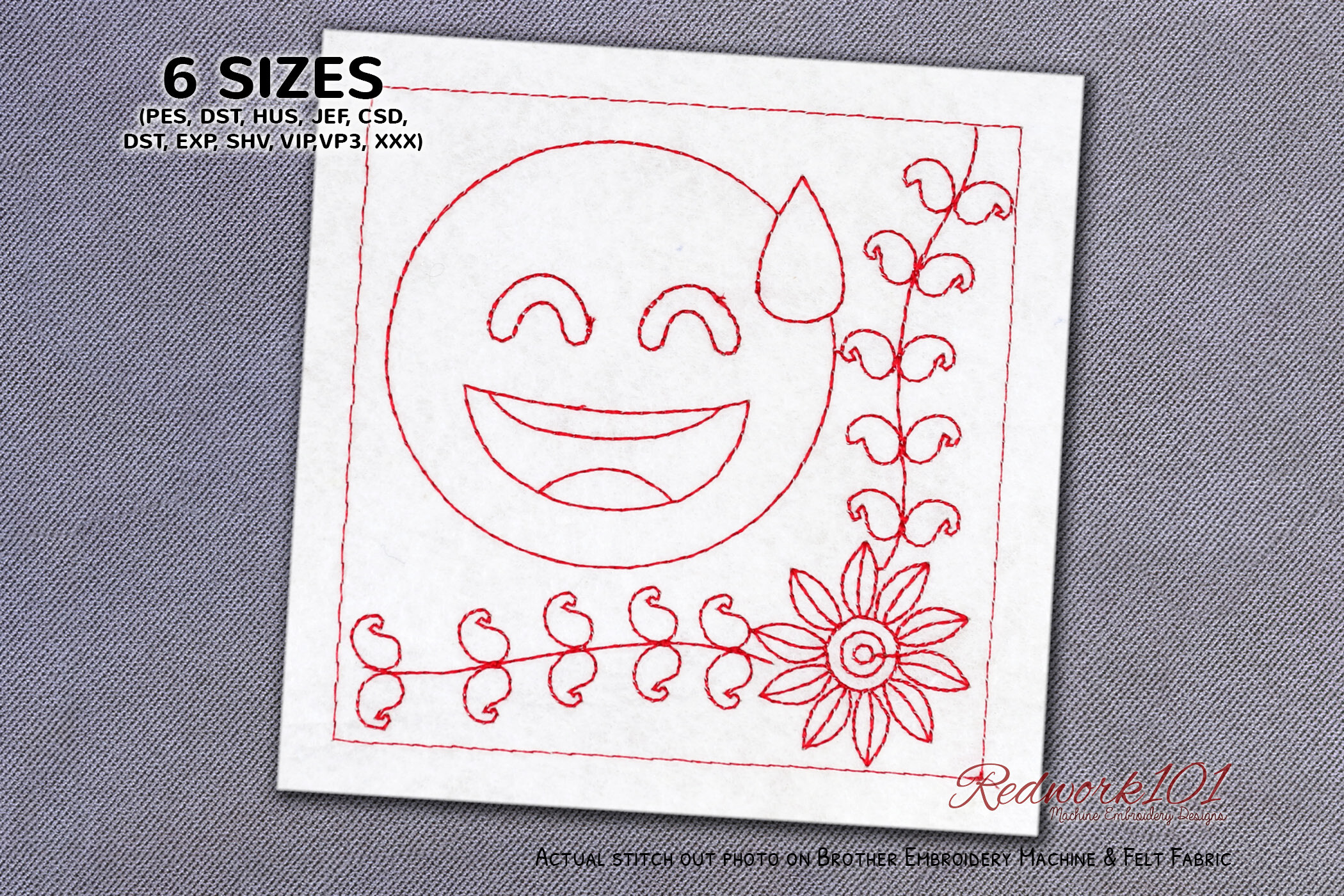 Pretty Smiling Face with Sweat Redwork
