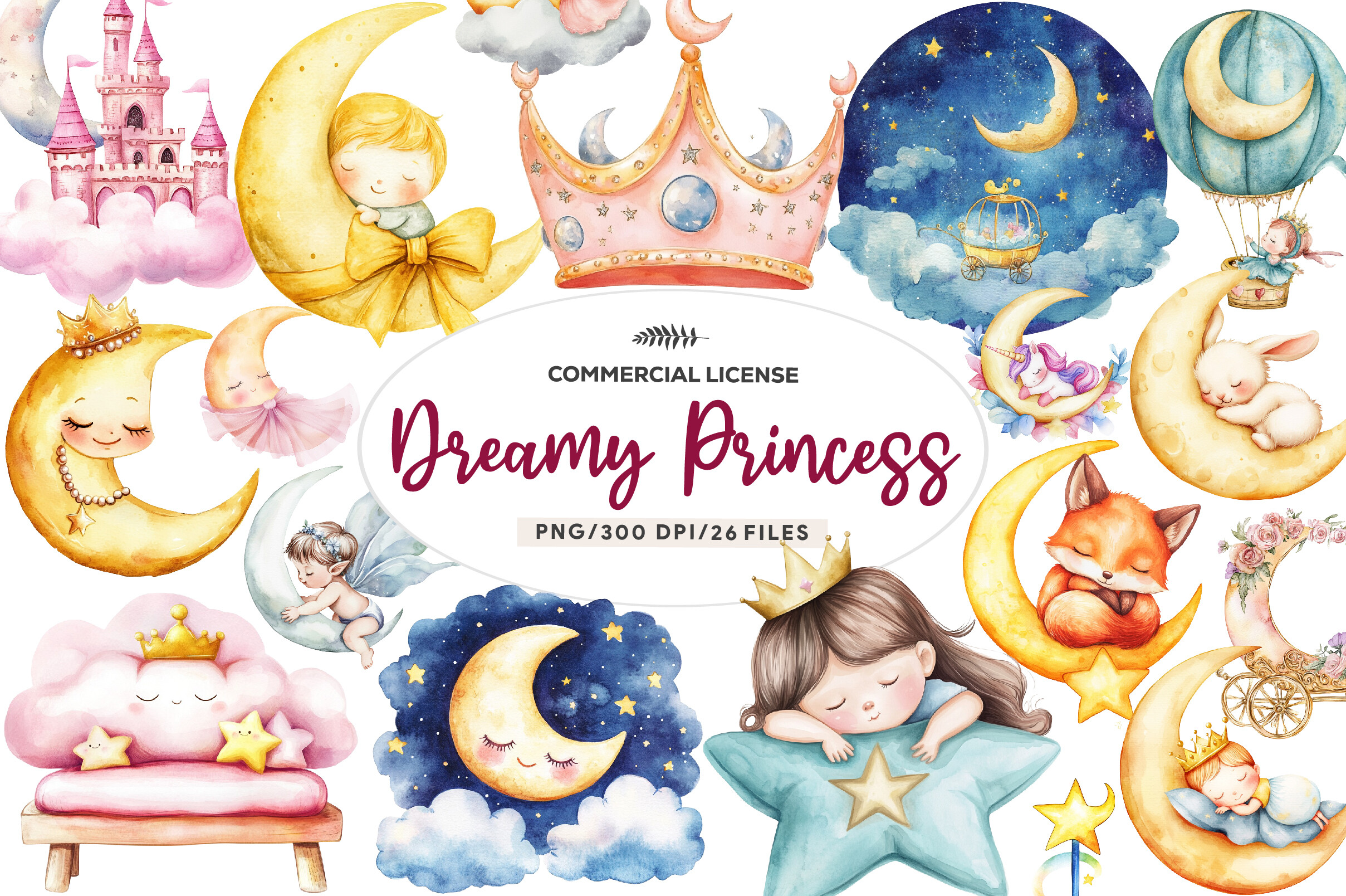Watercolor Baby Dreamy Princess Moon Png