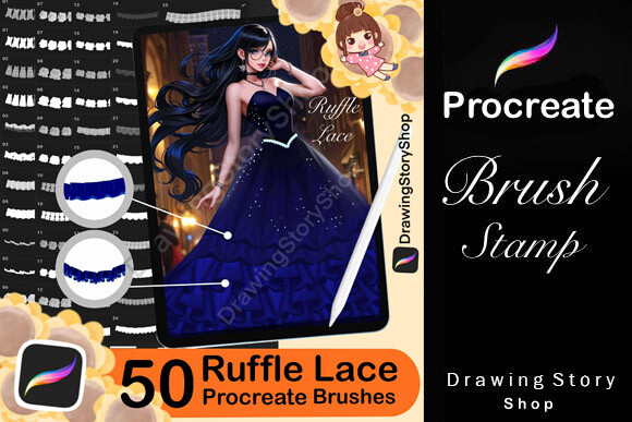 50 Procreate Ruffle Brushes, Lace Brush