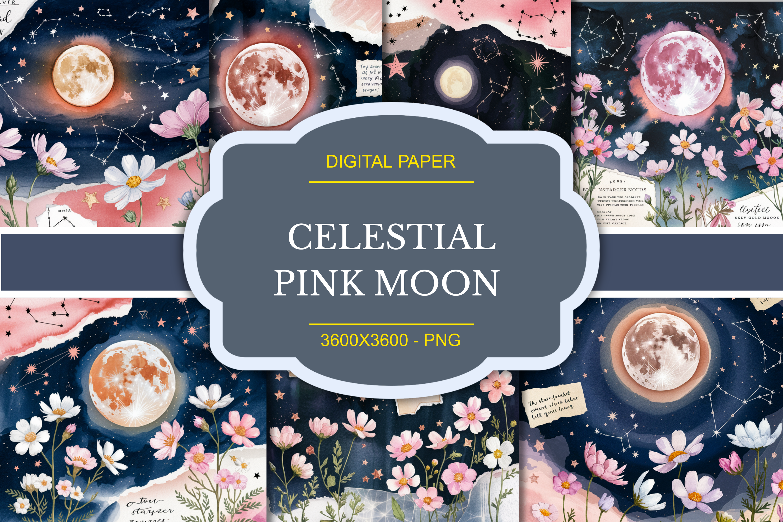 Celestial Pink Moon Junk Journal Page Graphic by DigiArt · Creative Fabrica