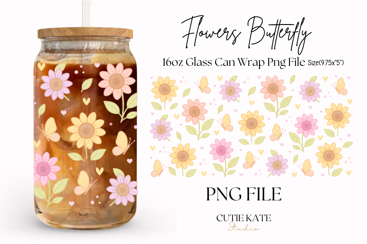 Flowers Butterfly Glass Can Wrap Png Graphic by Cutie Kate Studio ...