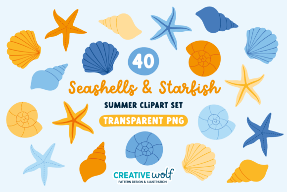 Seashells & Starfish Summer Clipart Set Graphic Illustrations By Creative Wolf Design