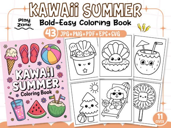Preview of 43 Cute Kawaii Summer Coloring Pages KDP coloring pages for kids