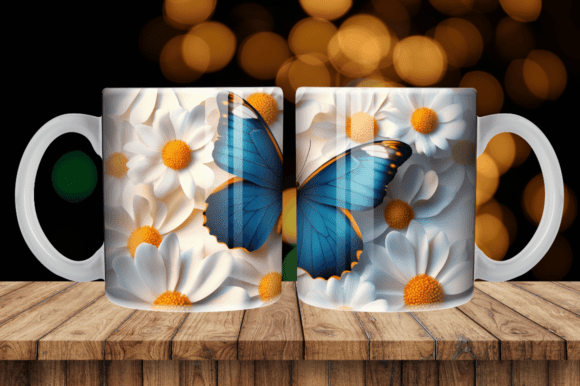 Floral Blue Butterfly Mug Tumbler Wrap Graphics