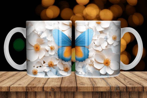 Floral Blue Butterfly Mug Tumbler Wrap Graphics
