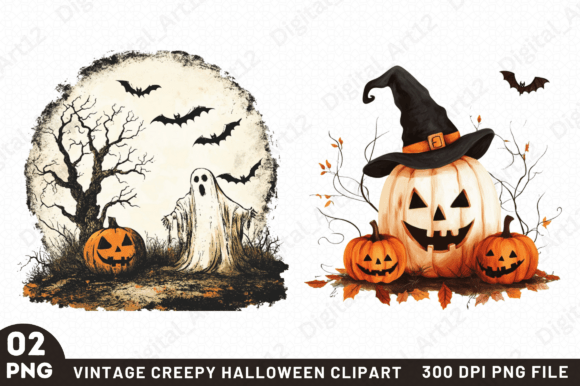 Vintage Creepy Halloween Clipart Gráfico Ilustraciones Imprimibles Por Digital_Art12