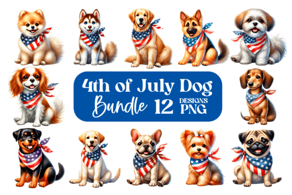 4th of July dog clipart bundle with Frenchie wearing flag bandana for summer tees