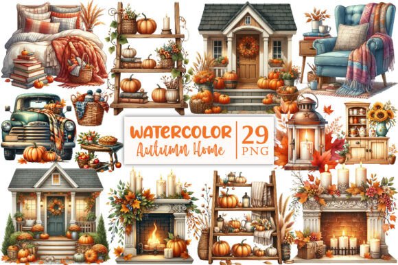Watercolor Autumn Home Clipart