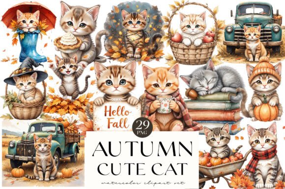 Watercolor Autumn Kitten Clipart for sublimation mugs and fall gifts