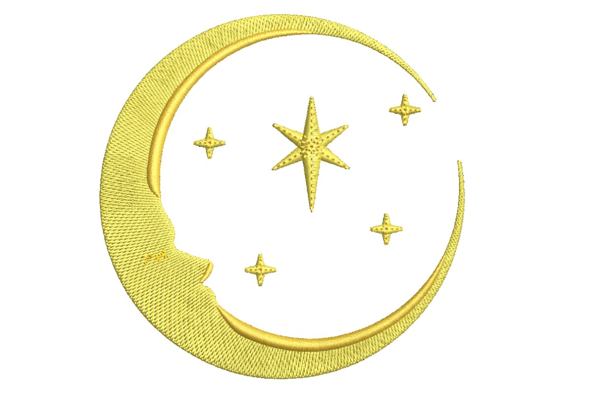 Golden Mystical Crescent Moon and Stars Embroidery Design
