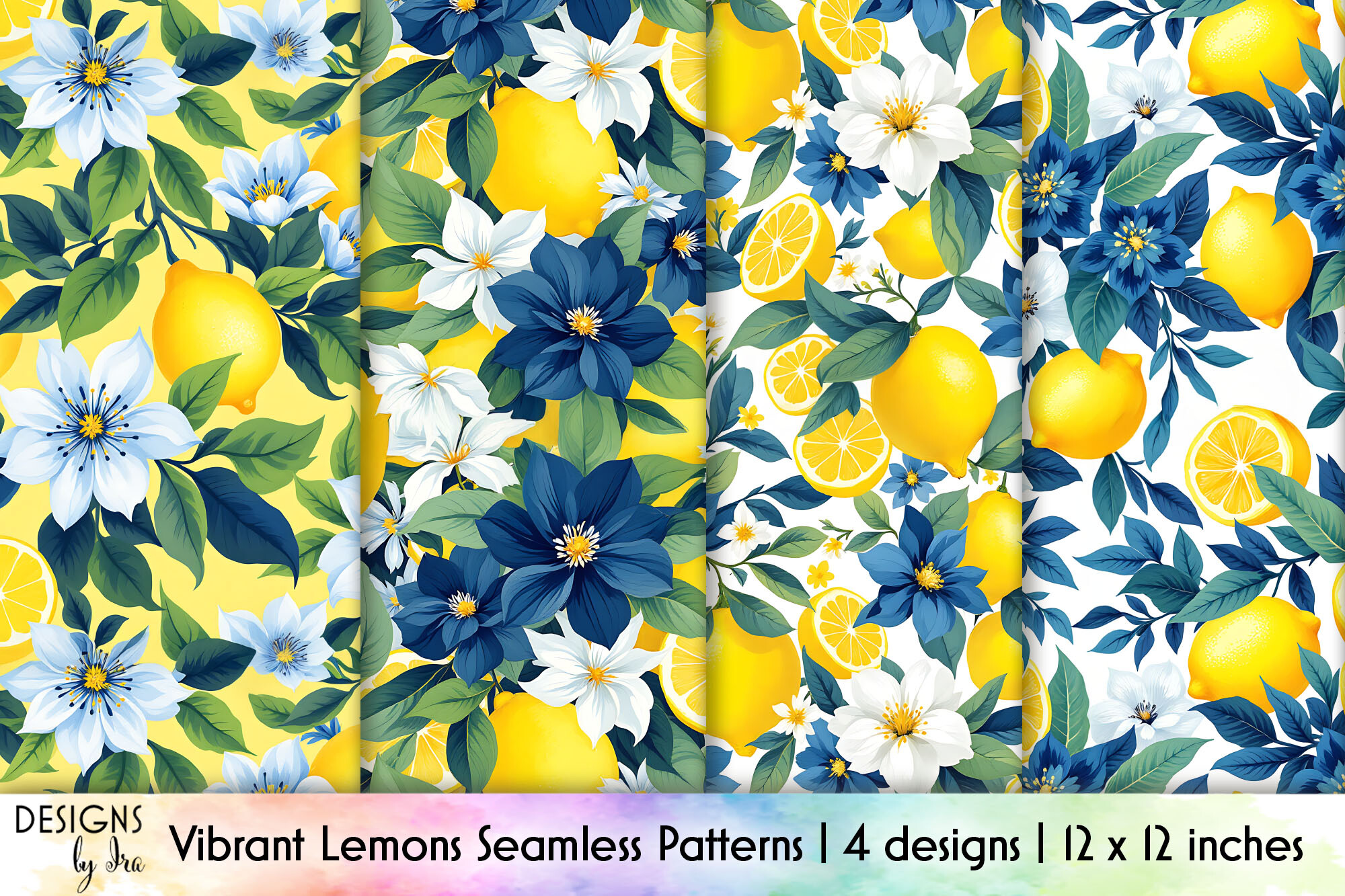 Vibrant Lemons and Blue Floral Pattern Graphic by Designs by Ira ...
