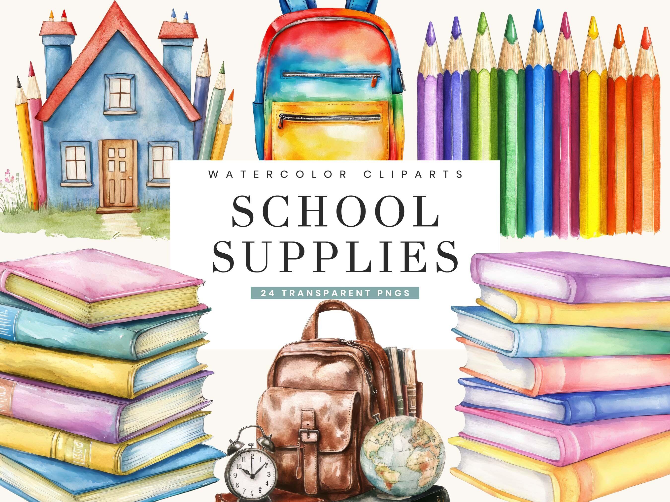 Watercolor School Supplies Clipart