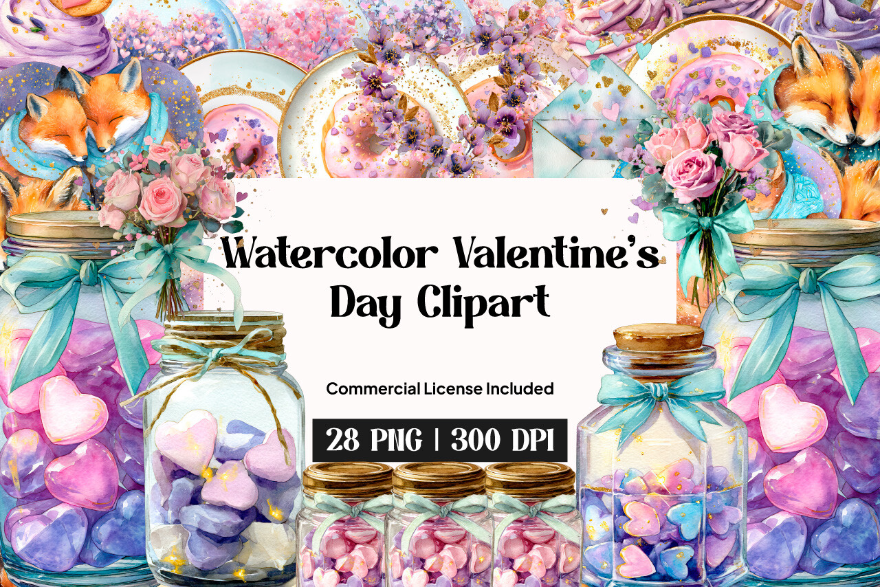 Watercolor Valentine's Day Clipart Graphic by inpixell.studio ...