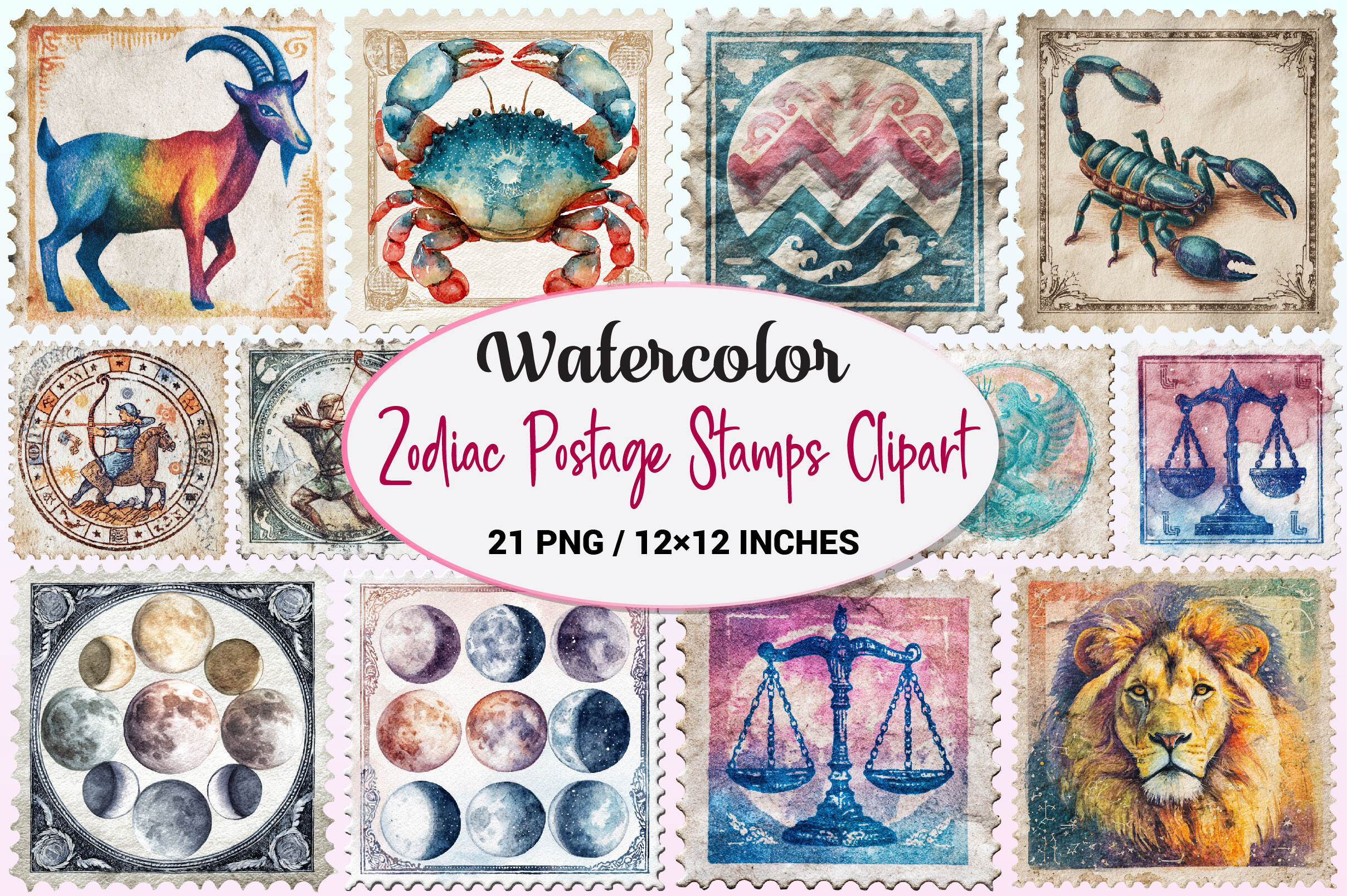 Zodiac Postage Stamps Clipart.