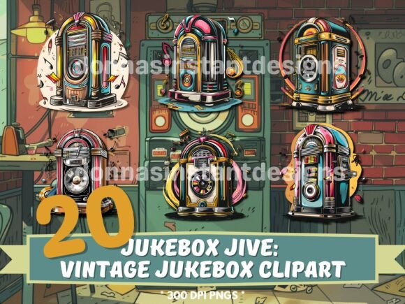 20x Cartoon Vintage Jukebox Clipart