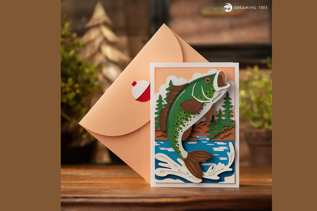 Big Bass Card SVG with a layered largemouth bass leaping from a lake scene