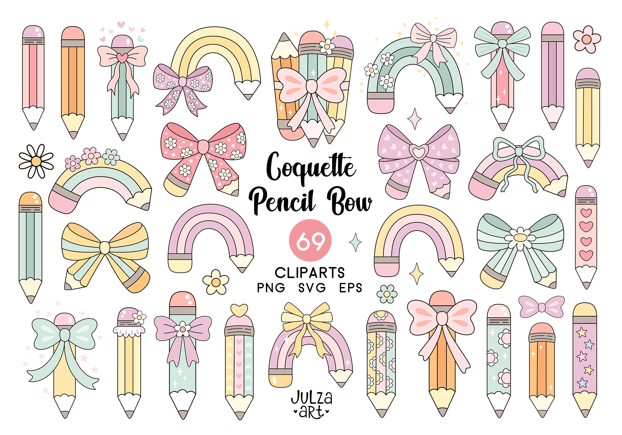 Coquette Pencil Bow Clipart Set