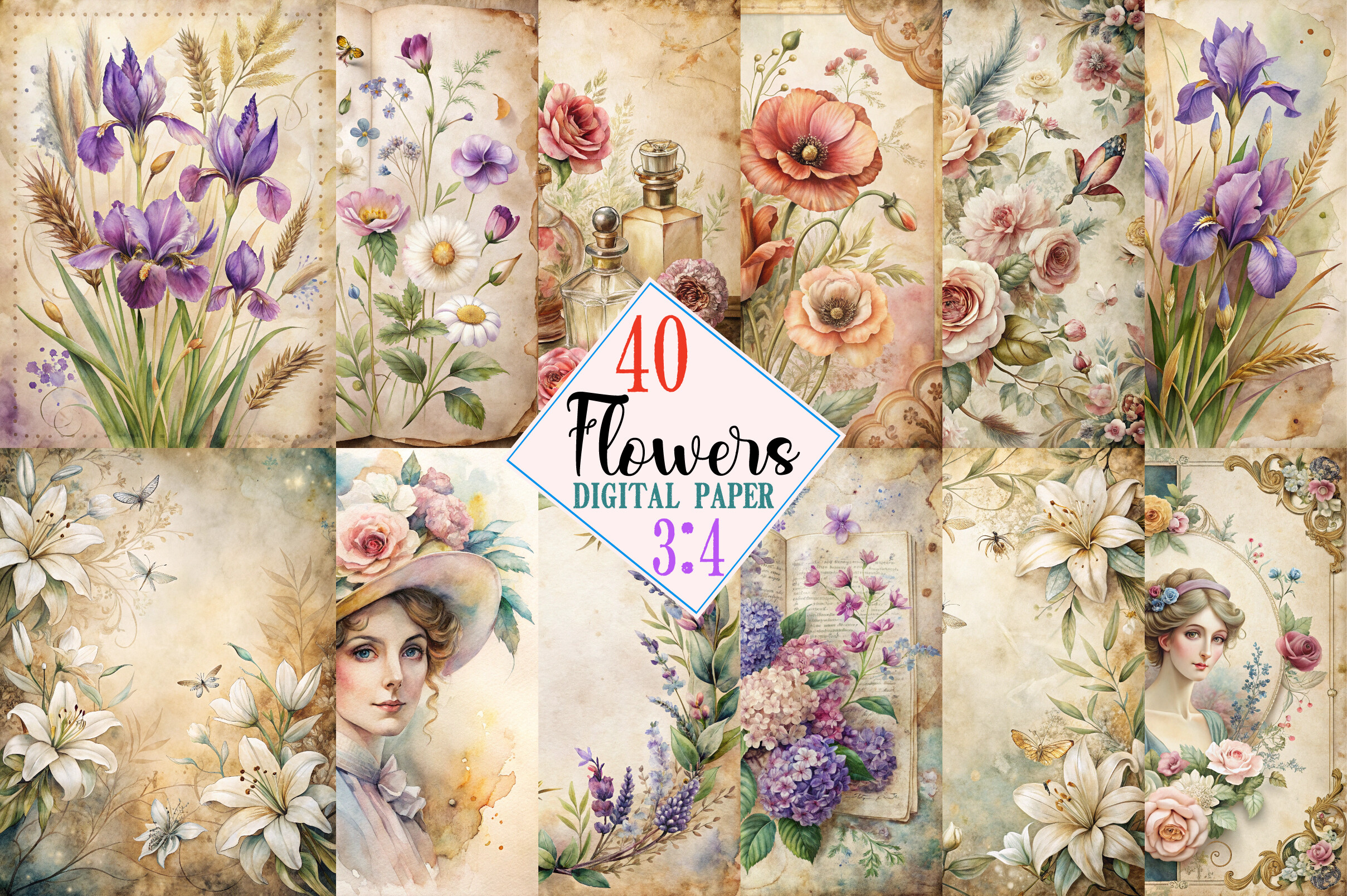 Flowers Junk Journal Kit Pages Graphic by Colourful · Creative Fabrica