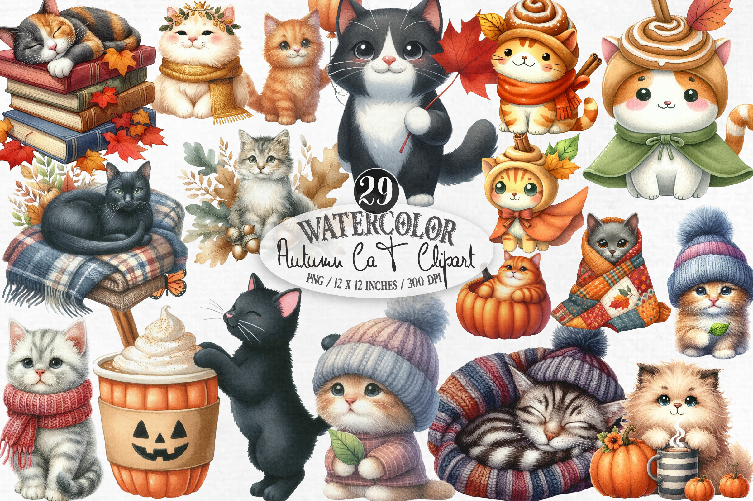Watercolor Autumn CAT Clipart Graphic by designking · Creative Fabrica