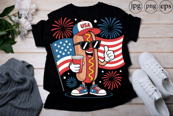 4th of July Hotdog American Flag Graphic T-shirt Designs By uchava