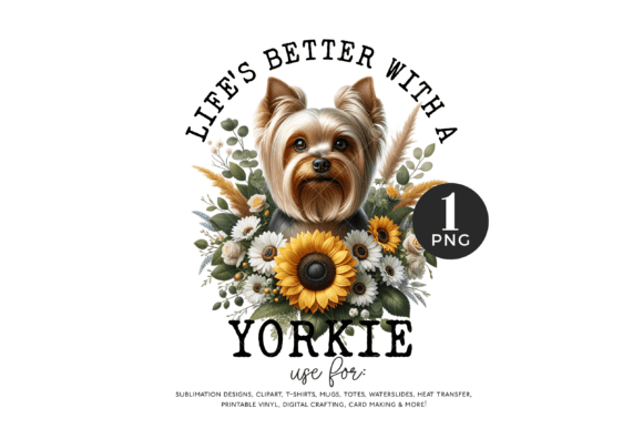 Yorkie watercolor floral dog sublimation PNG for canvas prints
