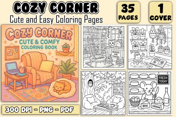 Cozy Corner Cute Bold Coloring Pages Graphic by PixelQuill · Creative ...