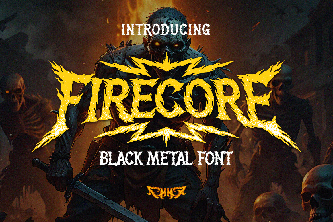 Firecore font preview in a blackletter style