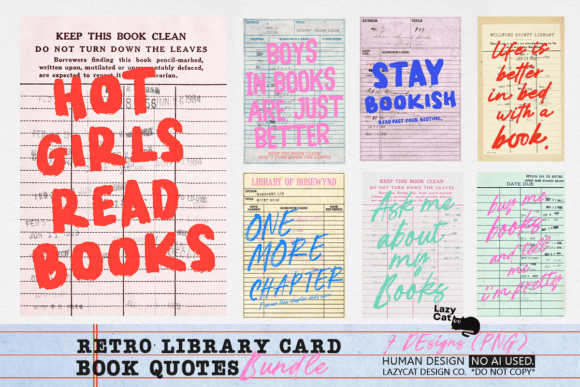 Retro Library Card Book Quote PNG Bundle