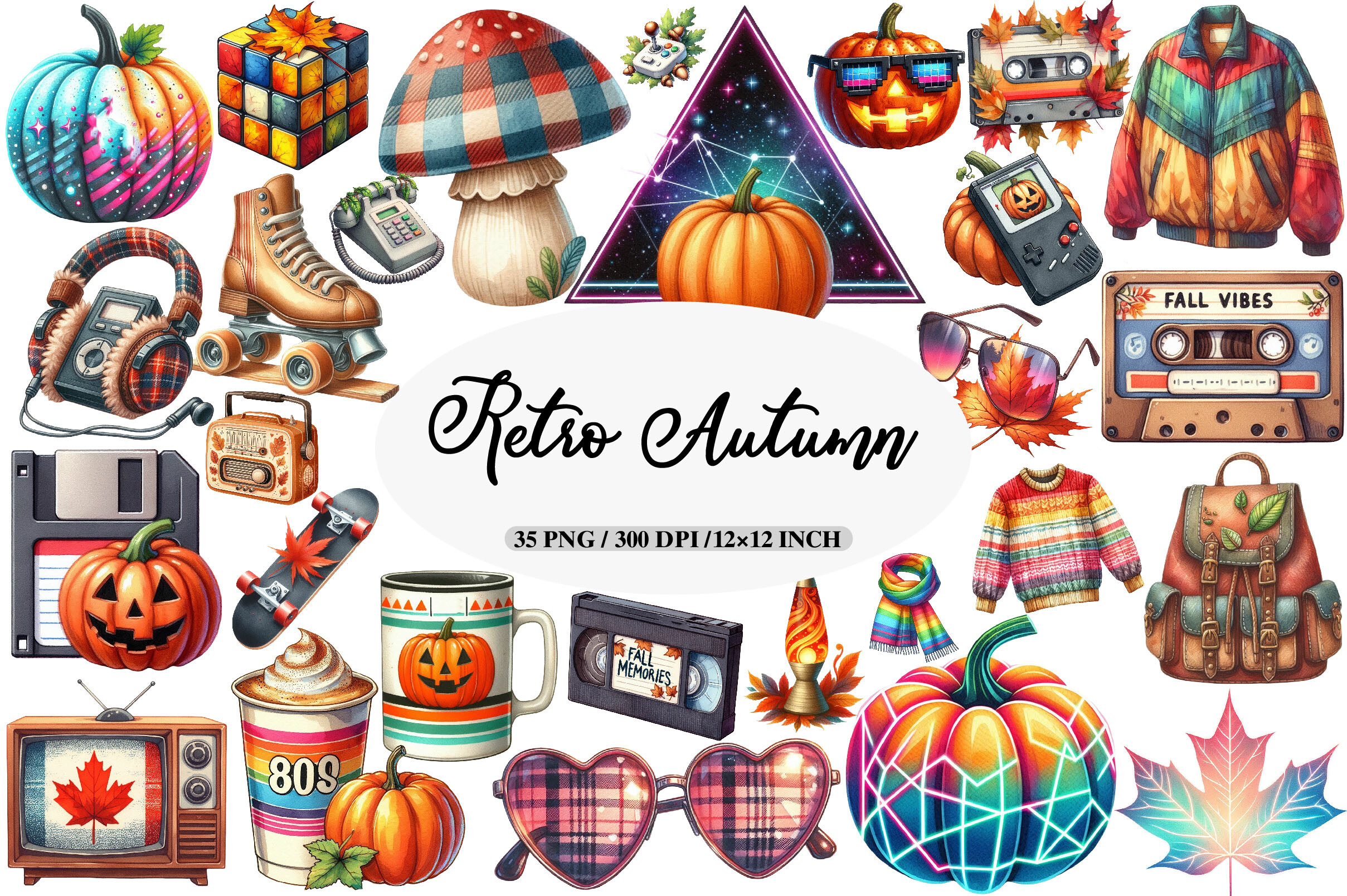 80s Retro Autumn Clipart Bundle